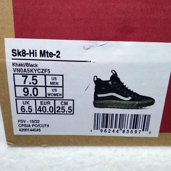 Vans Women's Size 9.0 Sk8-Hi Mte-2 Khaki/Black VN0A5KYCZF5 Sneaker Boot - New - Picture 10 of 11